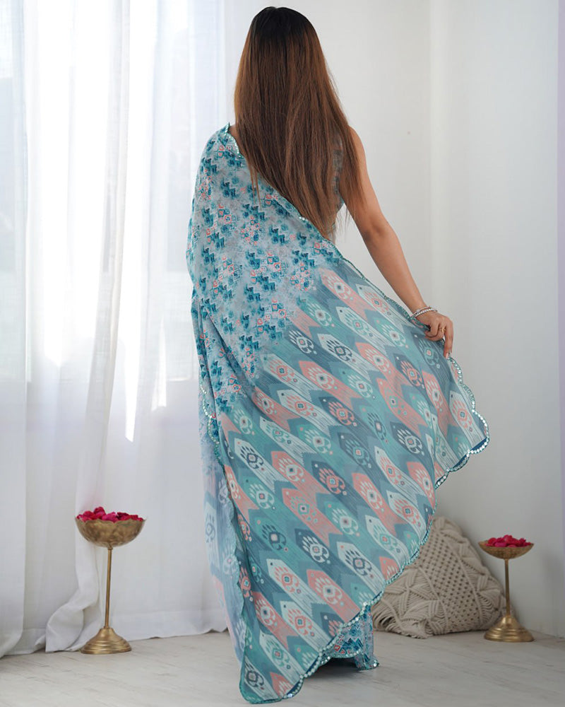 Sky Color Chinnon Silk Printed Saree