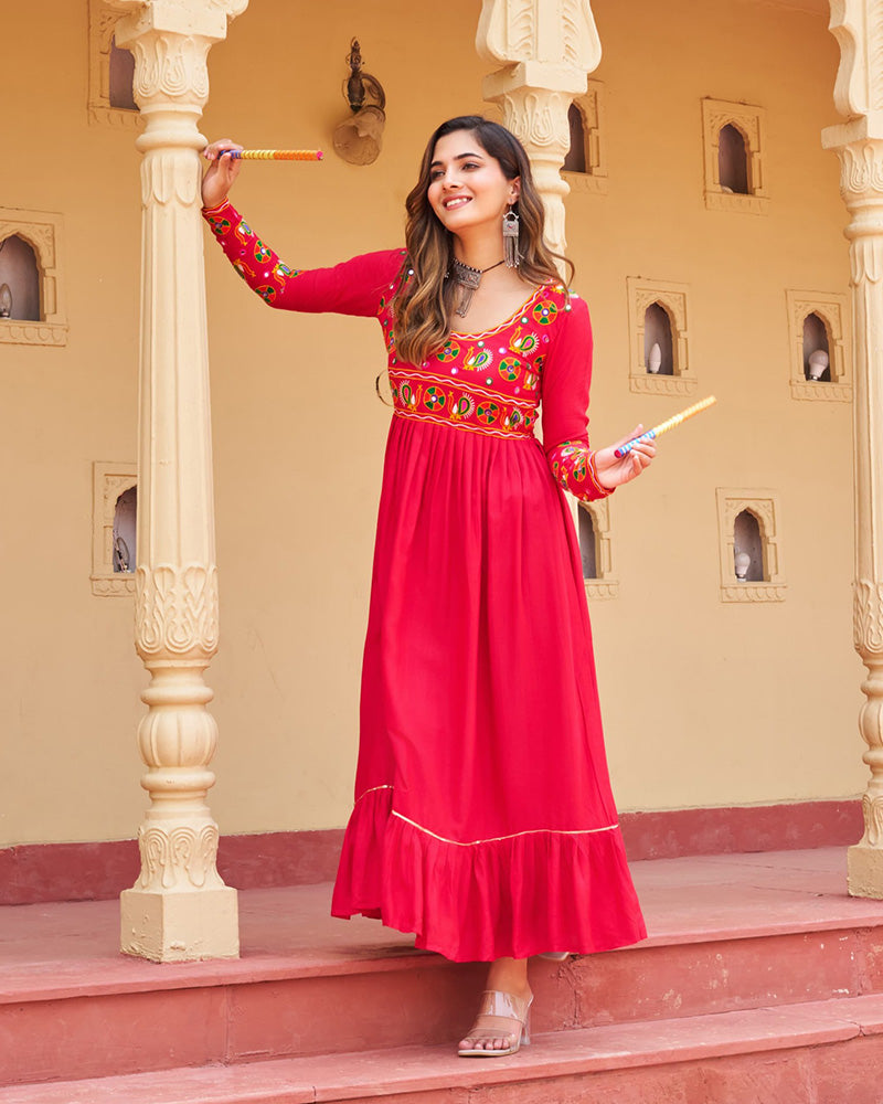 Vibrant Pink Flared Rayon Kurti With Gamthi Work