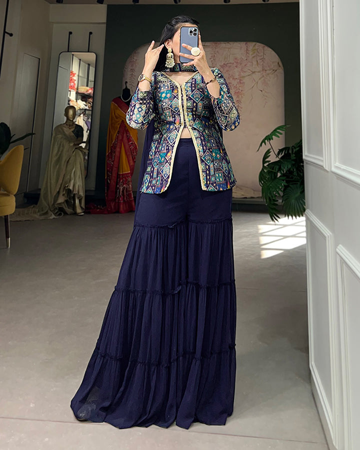 Firozi Color Jacquard Silk Kurti With Georgette Plazzo Suit