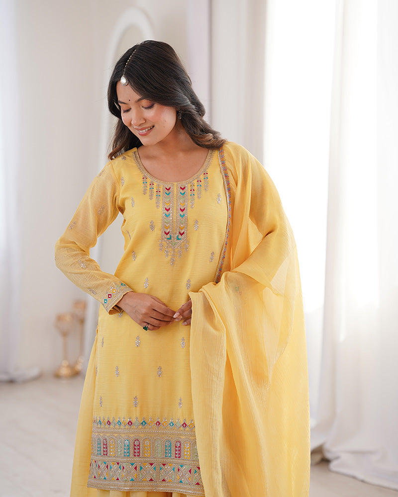 Yellow Color Crunchy Silk Embroidered Plazzo Suit