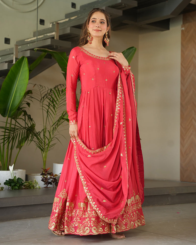 Peach Color Chinon Silk Gown With Embroidered Dupatta