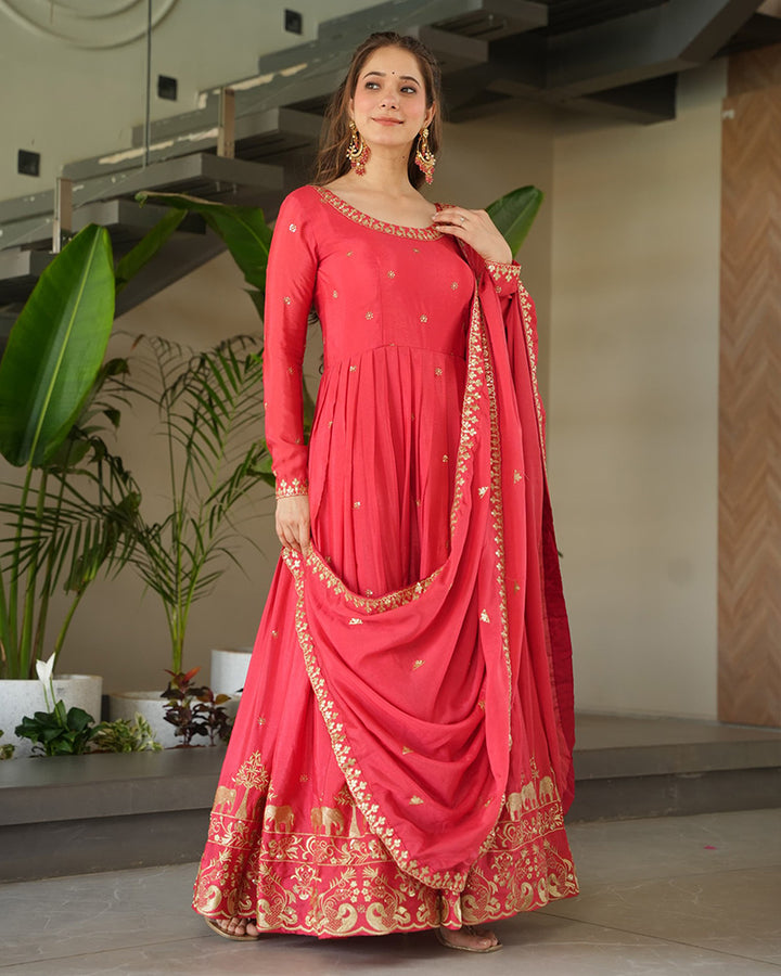 Peach Color Chinon Silk Gown With Embroidered Dupatta