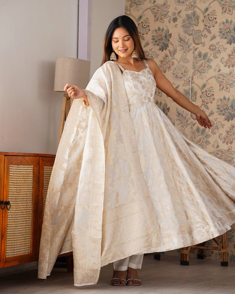 Off-White Color Banarasi Jacquard Silk Anarkali Suit