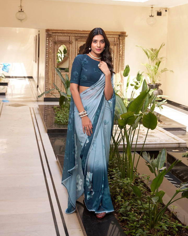 Designer Bottle Green Color Weightless Marble Printed Saree