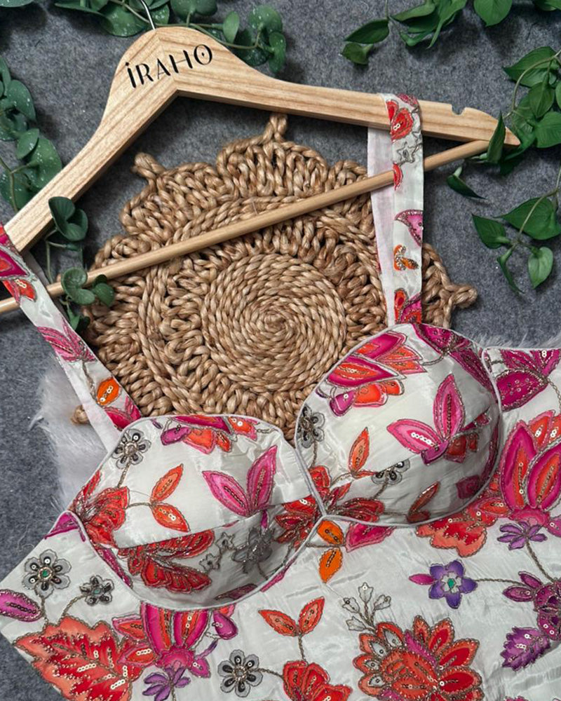 White Color Rumali Silk Embroidered Spaghetti Blouse