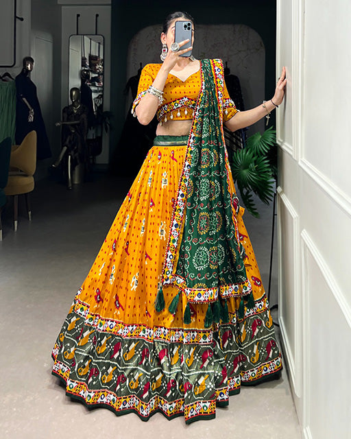 Patola Printed Mustard Color Tussar Silk Navratri Lehenga Choli