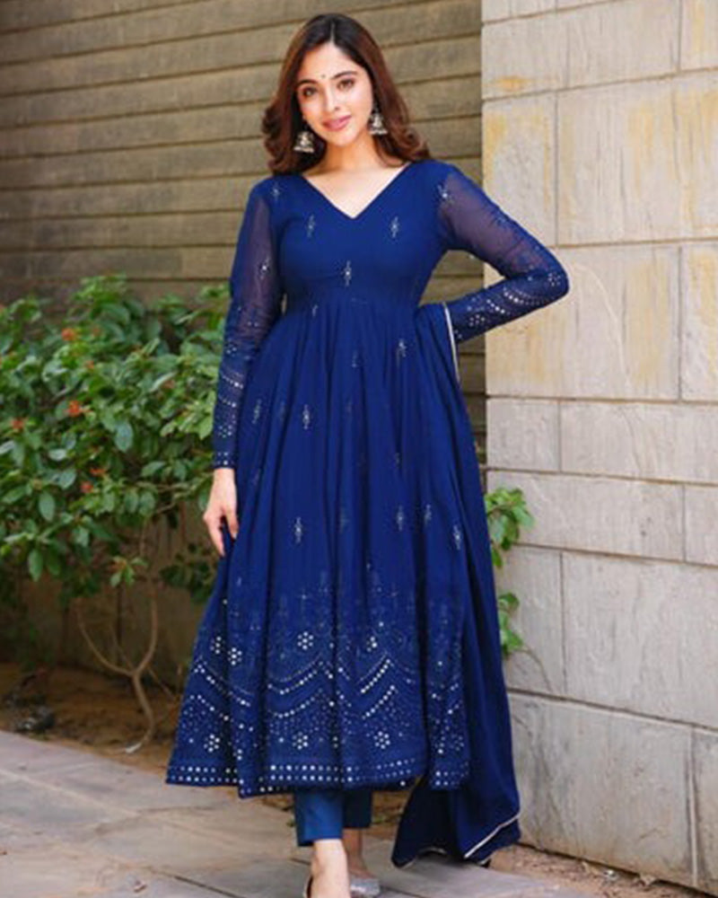 Royal Blue Color Pure Georgette Embroidered Gown