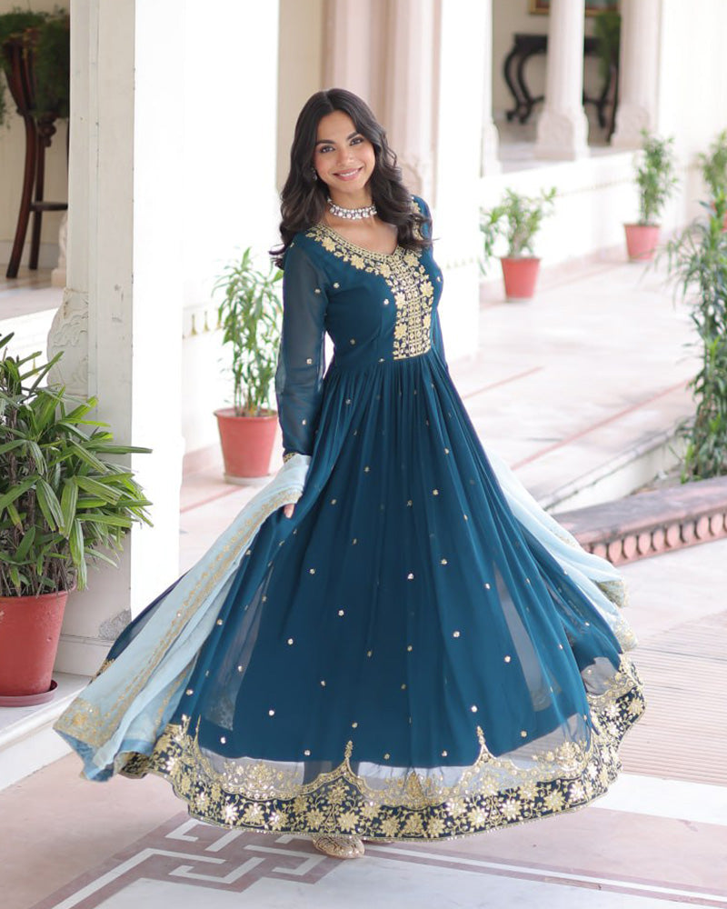 Peacock Blue Color Faux Blooming Embroidered Gown