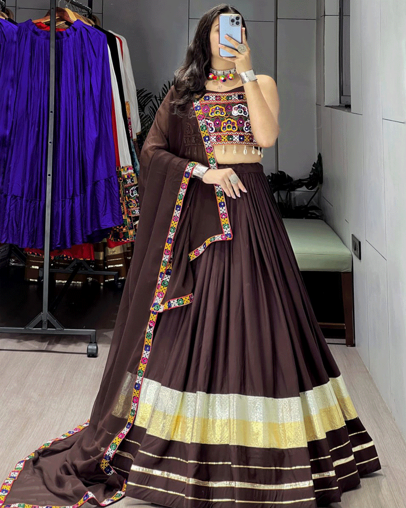 Chocolate Brown Color Rayon Cotton Navratri Lehenga Choli