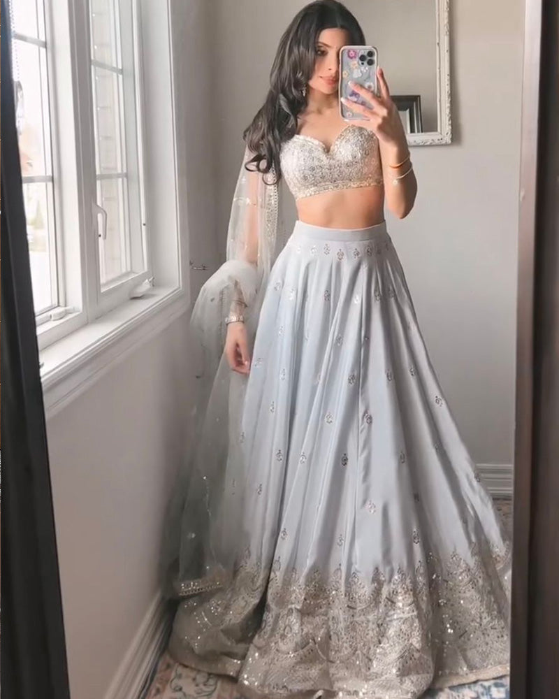 Grey Color Japani Satin Silk Embroidered Lehenga Choli