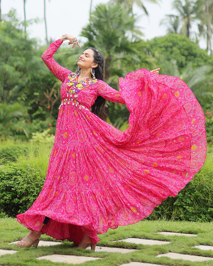 Navratri Special Pink Color Faux Georgette Bandhani Print Gown