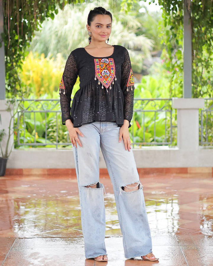 Black Color Georgette Lucknowi Work Navratri Kediya