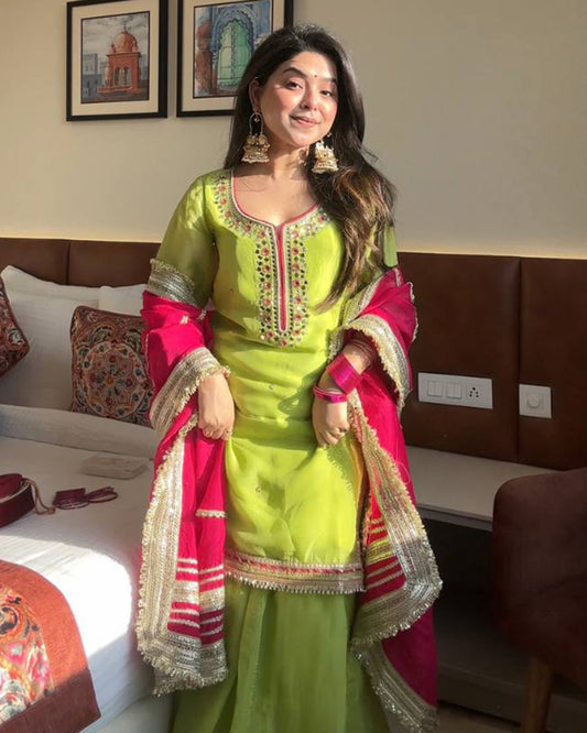 Neon Color Faux Blooming Embroidered Sharara Suit