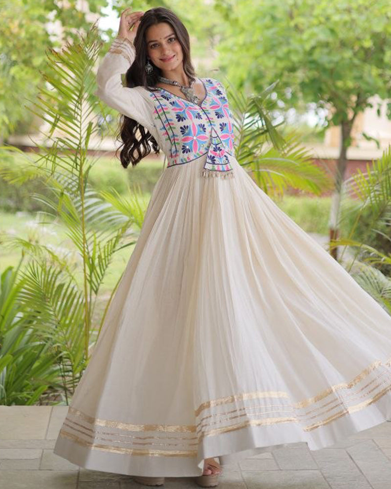 Two Color Elegant Kora Cotton with Multi Thread Embroidered Navratri Gown