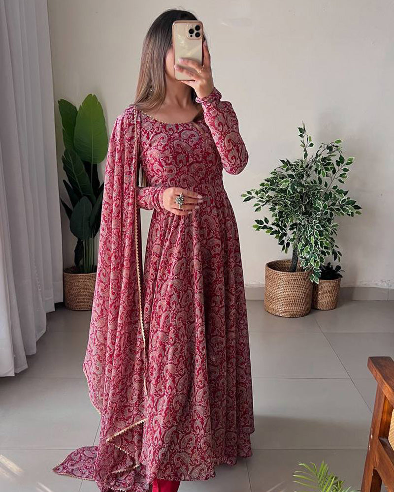 Maroon Floral Print Fox Georgette Anarkali Suit