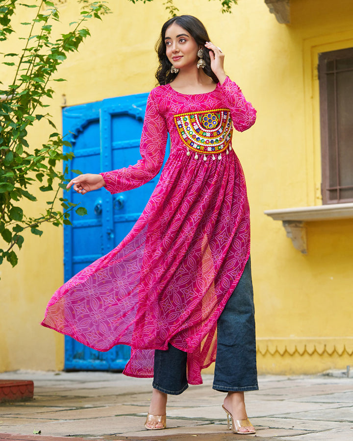Elegant Pink Georgette Bandhani Print Kurti