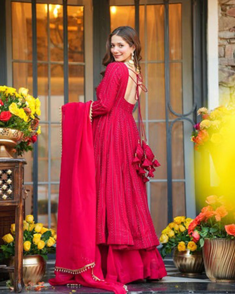 Rani Pink Color Georgette Embroidered Sharara Suit