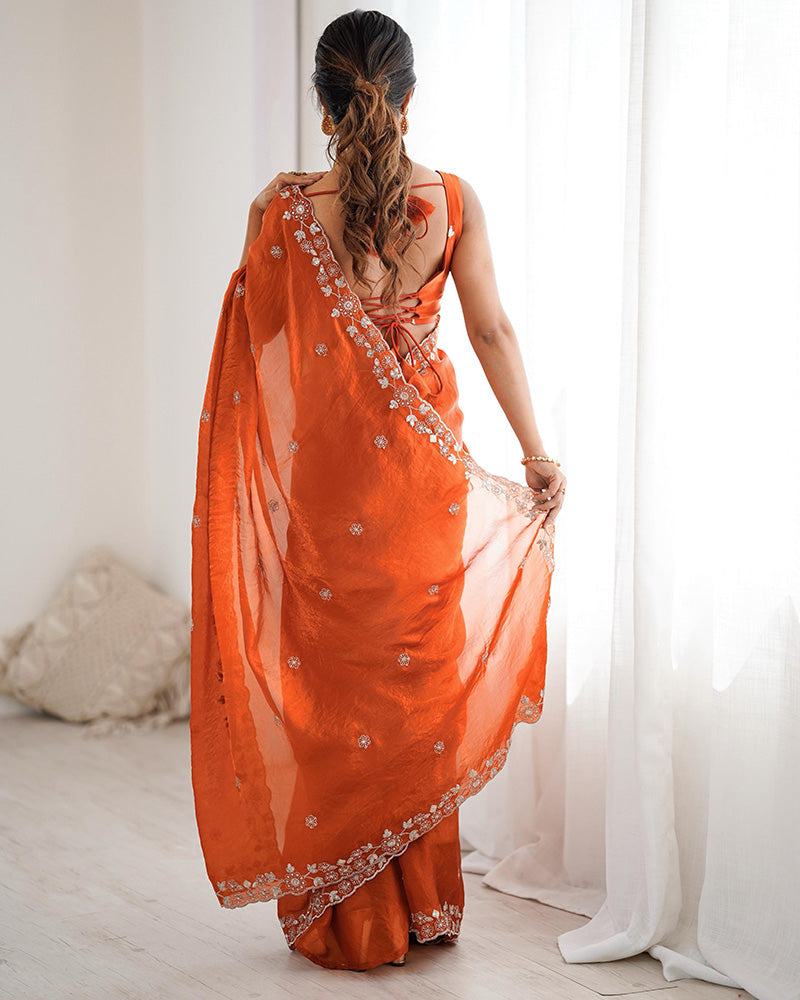 Rust Orange Color Fendi Silk Embroidered Saree