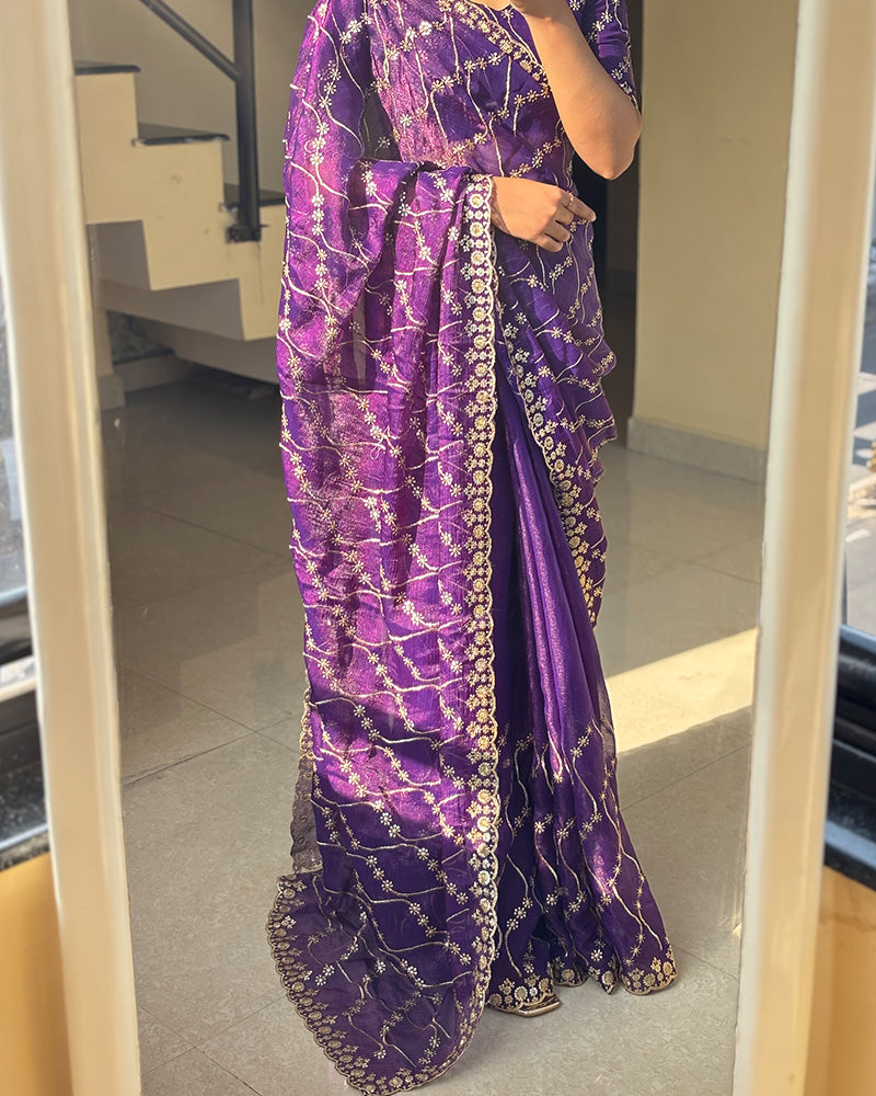 Purple Color Space Silk Embroidered Saree