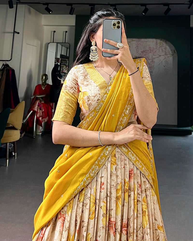 Yellow Color Dola Chex Floral Printed Half Saree