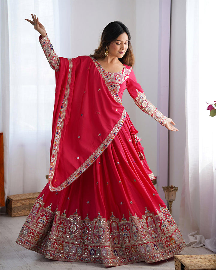 Designer Tomato Color Natural Crepe silk Lehenga Choli