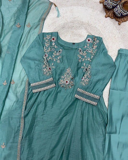 Dusty Teal Color Mal Cotton Three Piece Kurti Suit