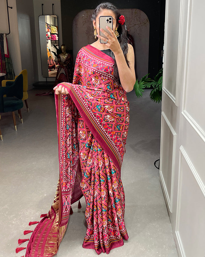Maroon Color Pure Gaji Silk Lagdi Patta Patola Printed Saree