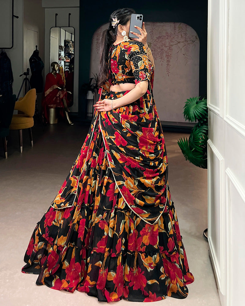 Black Color Marble Floral Printed Lehenga Choli