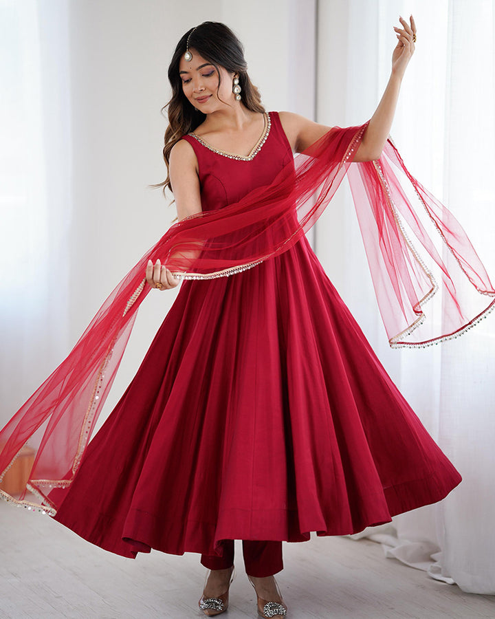 Designer Maroon Color Roman Chanderi Silk Anarkali Suit
