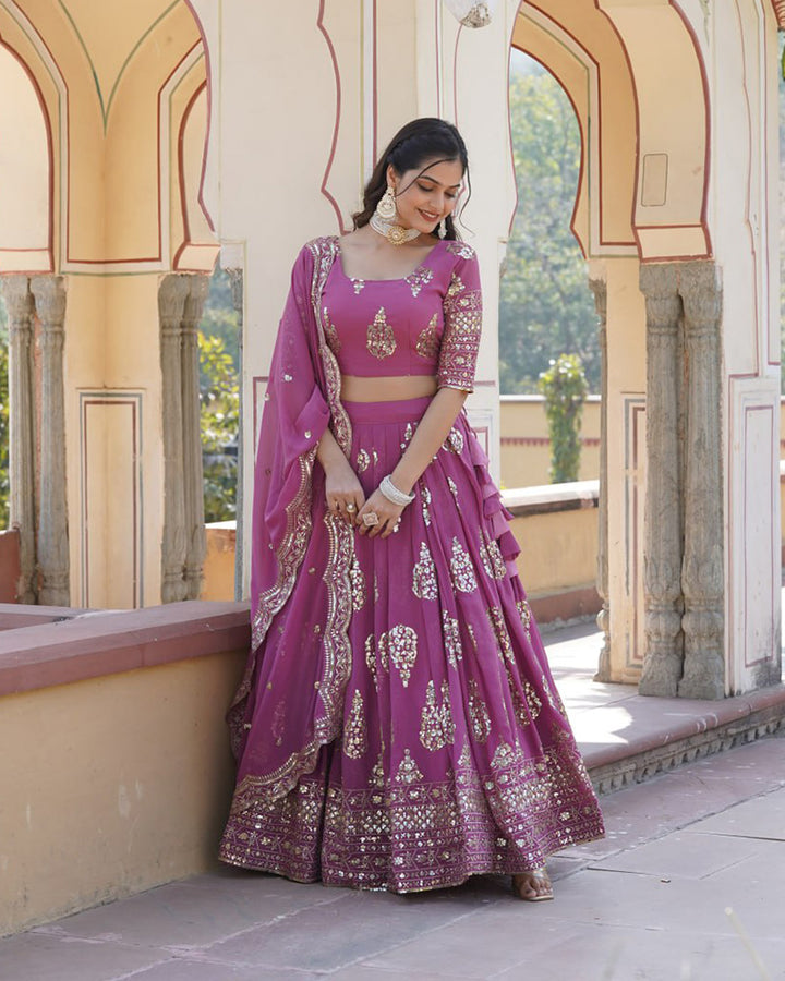 Wedding Wear Onion Color Georgette Embroidery Lehenga Choli