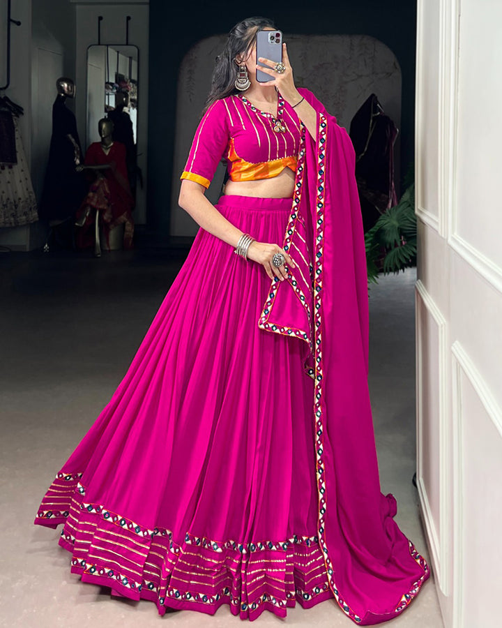 Vibrant Pink Color Rayon Gamthi Work Navratri Lehenga Choli
