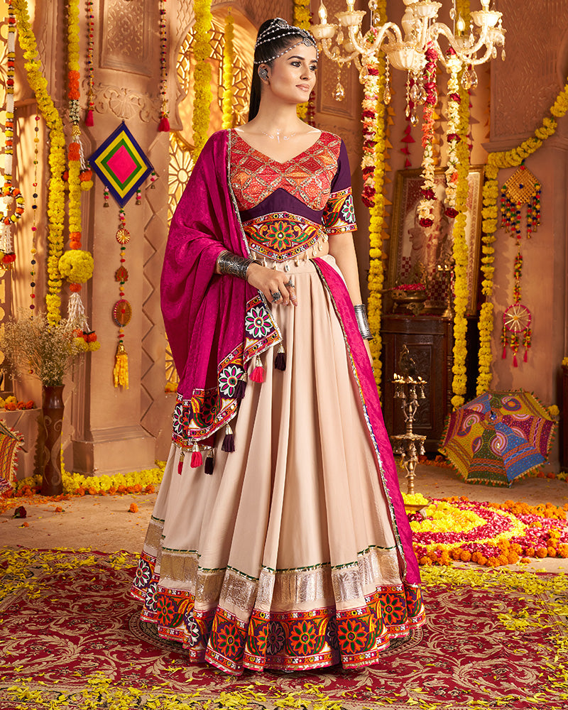 Elegant Beige and Maroon Navratri Lehenga Choli With Rich Embroidered Accents