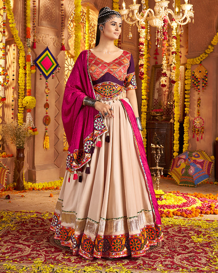 Elegant Beige and Maroon Navratri Lehenga Choli With Rich Embroidered Accents