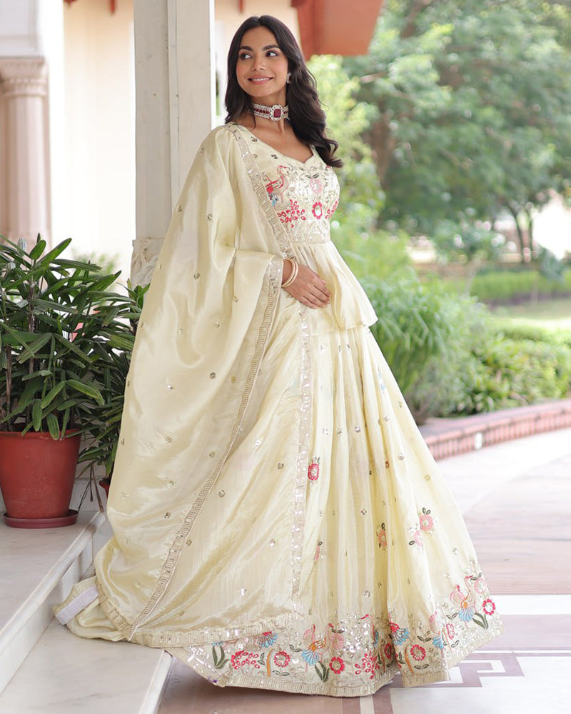 Off-White Color Gold Crush Embroidered Lehenga Choli