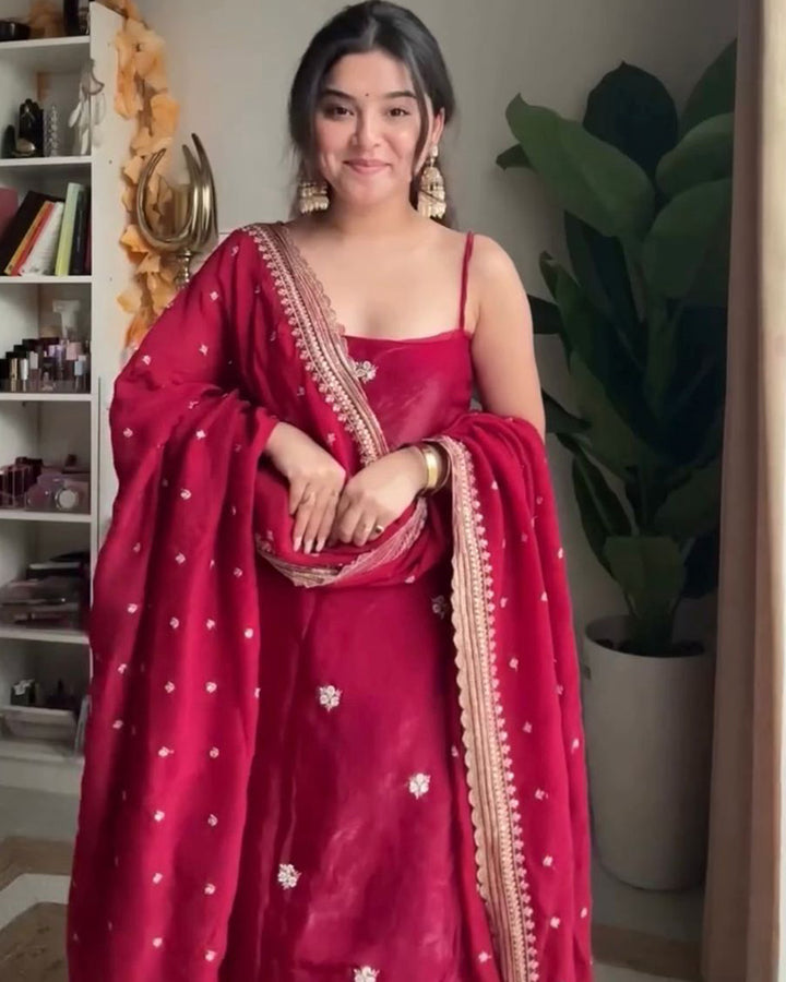 Maroon Color Soft Organza Plazzo Suit