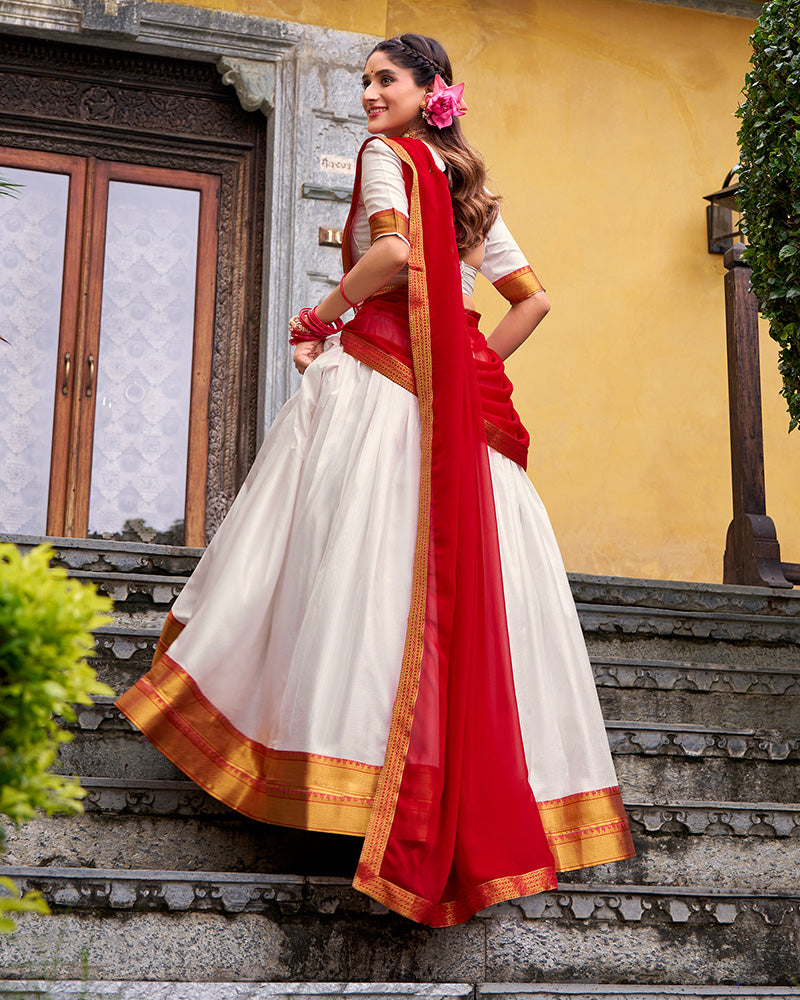 Designer White Color Poly Cotton Half Saree