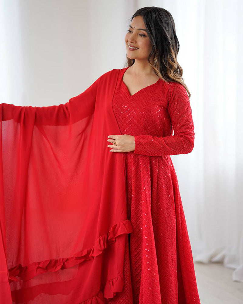 Red Color Soft Georgette Embroidered Lucknowi Anarkali Suit
