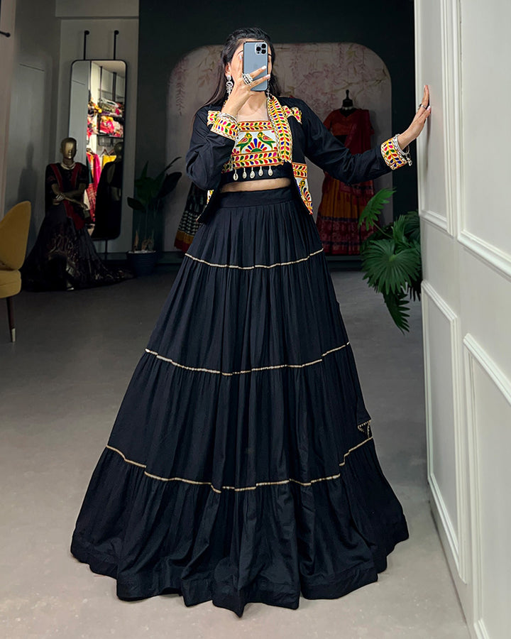 Black Color Pure Rayon Frill And Gamthi Work Navratri Lehenga Choli