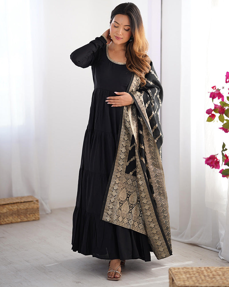 Black Color Chanderi Silk Layer Style Anarkali Suit