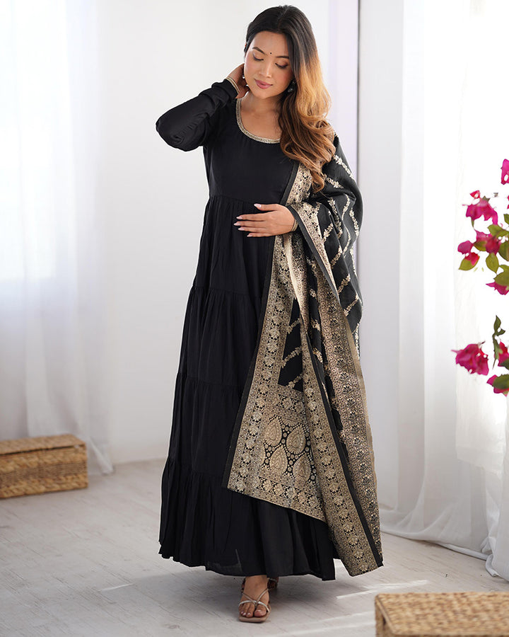 Black Color Chanderi Silk Layer Style Anarkali Suit