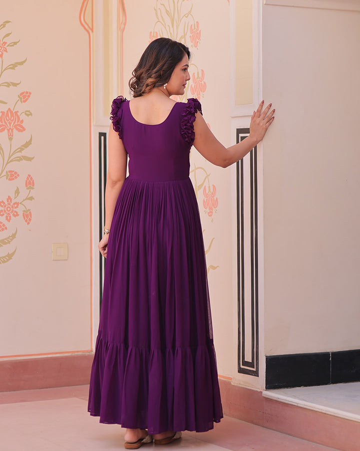 Designer Wine Color Faux Blooming Embroidered work Gown