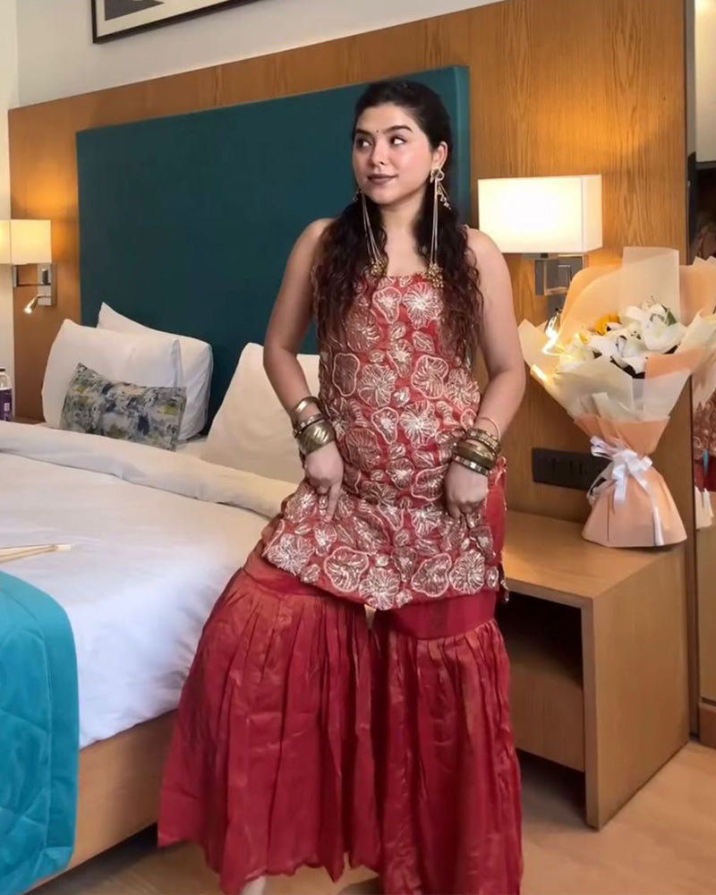 Rust Orange Color Shimmer Silk Sharara Suit