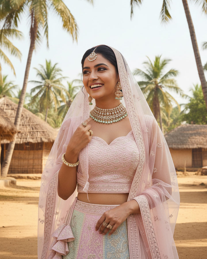 Wedding Wear Pastel Color Georgette Embroidered Lehenga Choli