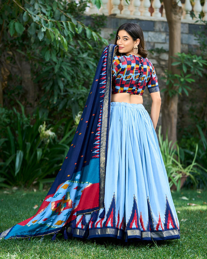 Sky Blue Color Print With Foil Work Tussar Silk Lehenga Choli