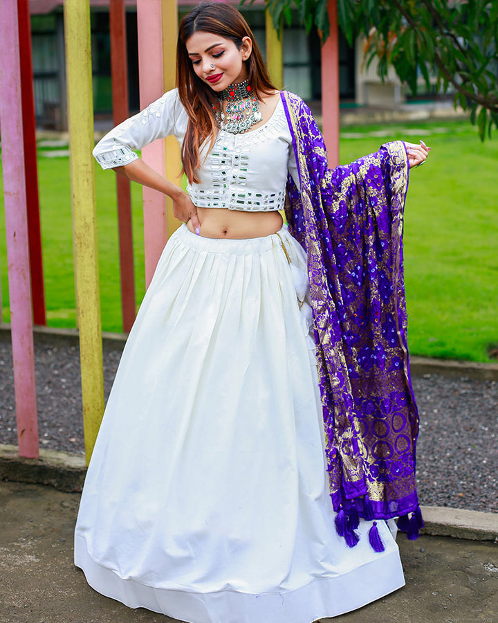 Designer White Color Pure Cotton Fully Stitched Lehenga Choli