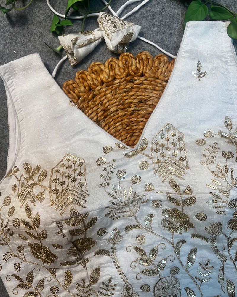White Color Vichitra Silk Embroidered Blouse