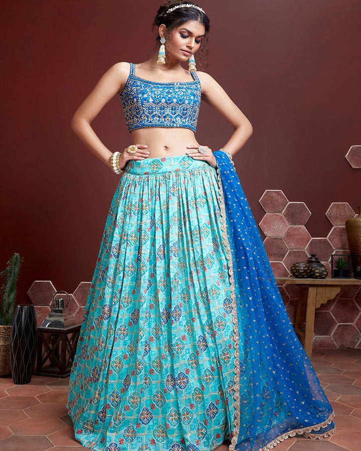Sky Blue Pure Chinon Silk Designer Lehenga Choli