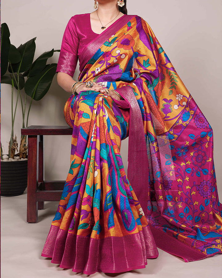 Mustard Color Tasar Silk Ethnic Printed Saree