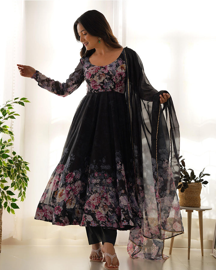 Black Color Organza Silk Three Piece Anarkali Suit