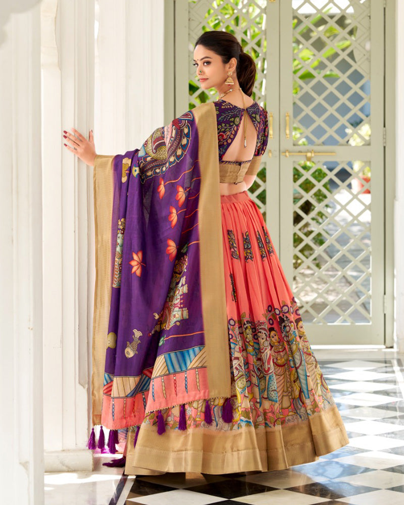 Peach Color Dola Silk Designer Kalamkari Print Half Saree